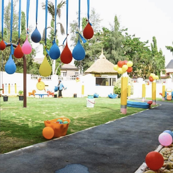 View of the garden filled with balloons